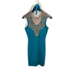 Restless Heart Teal Sleeveless Halter Gold Lace Size Small